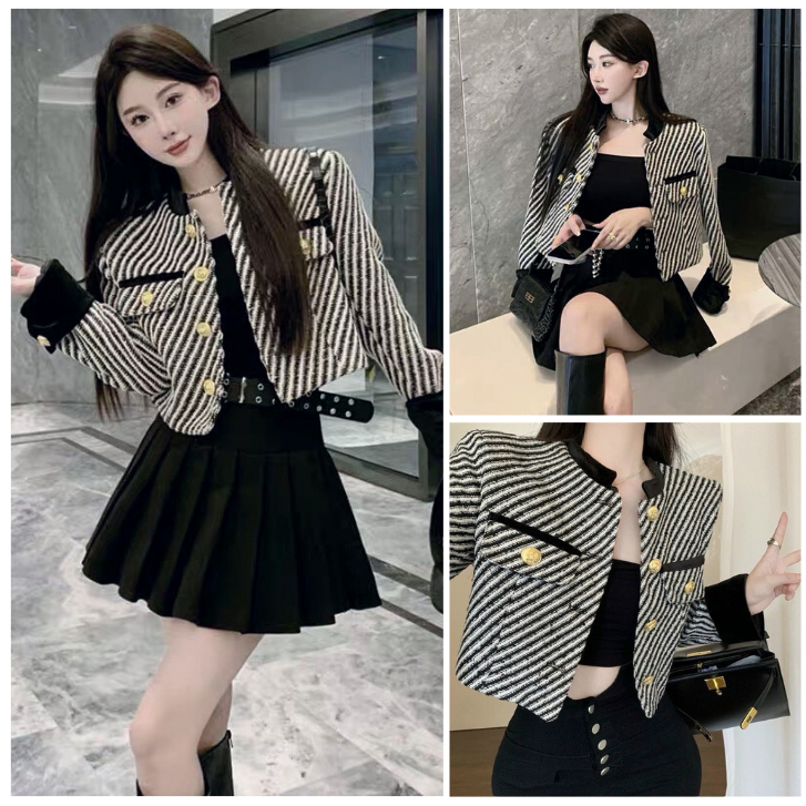 Áo khoác vest blazer LACHISANG dạ hoa tiêu croptop dài tay cổ trụ hai lớp dáng ngắn lửng màu đen ASM08