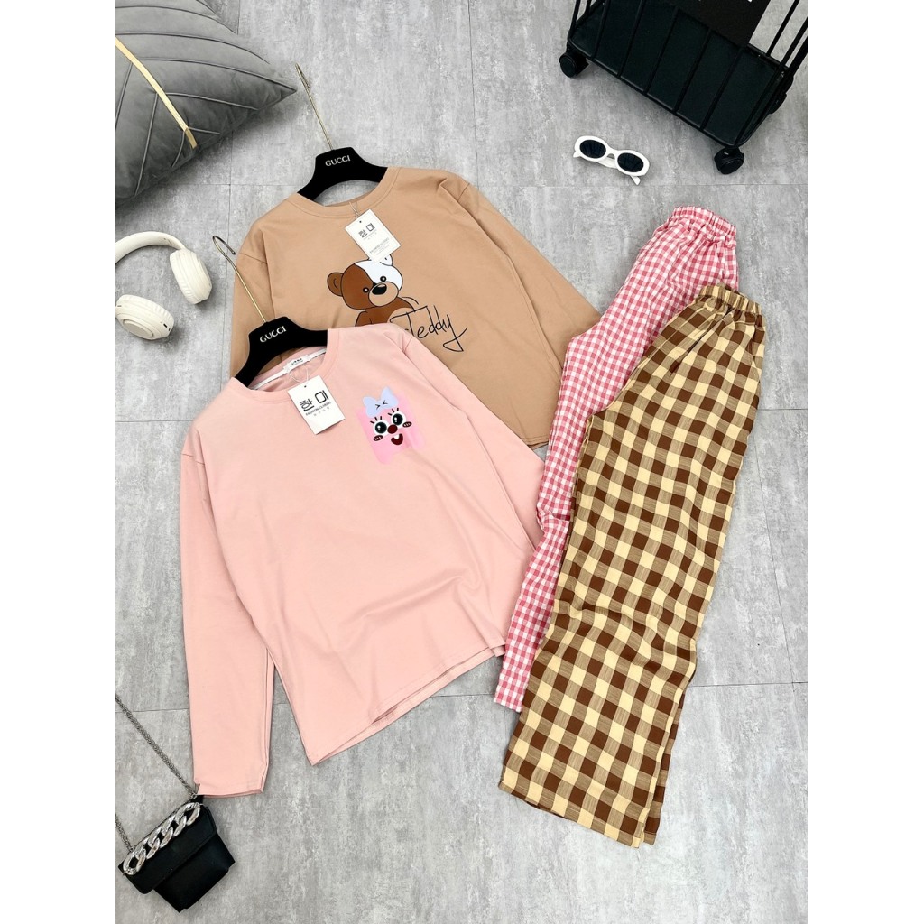 Set Bộ Đồ Nữ Áo Thun Gấu Dài Tay Mix Quần Xuông Kẻ Caro Ống Rộng Freesize