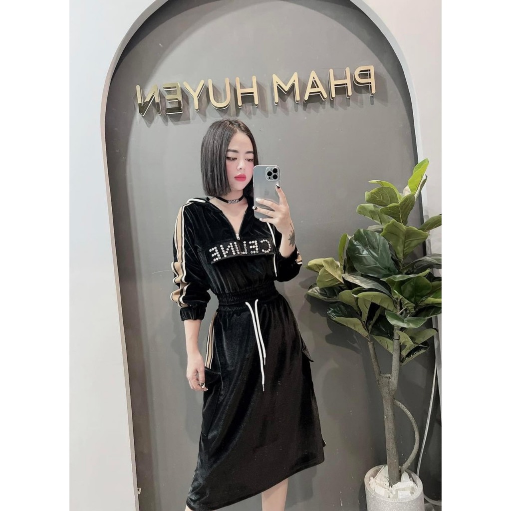 Set Bộ Đồ Nữ NHung CELI Túi Hộp Áo Hoodie Có Mũ Phối Khóa Cổ Mix Chân Váy Túi Dáng Dài Freesize
