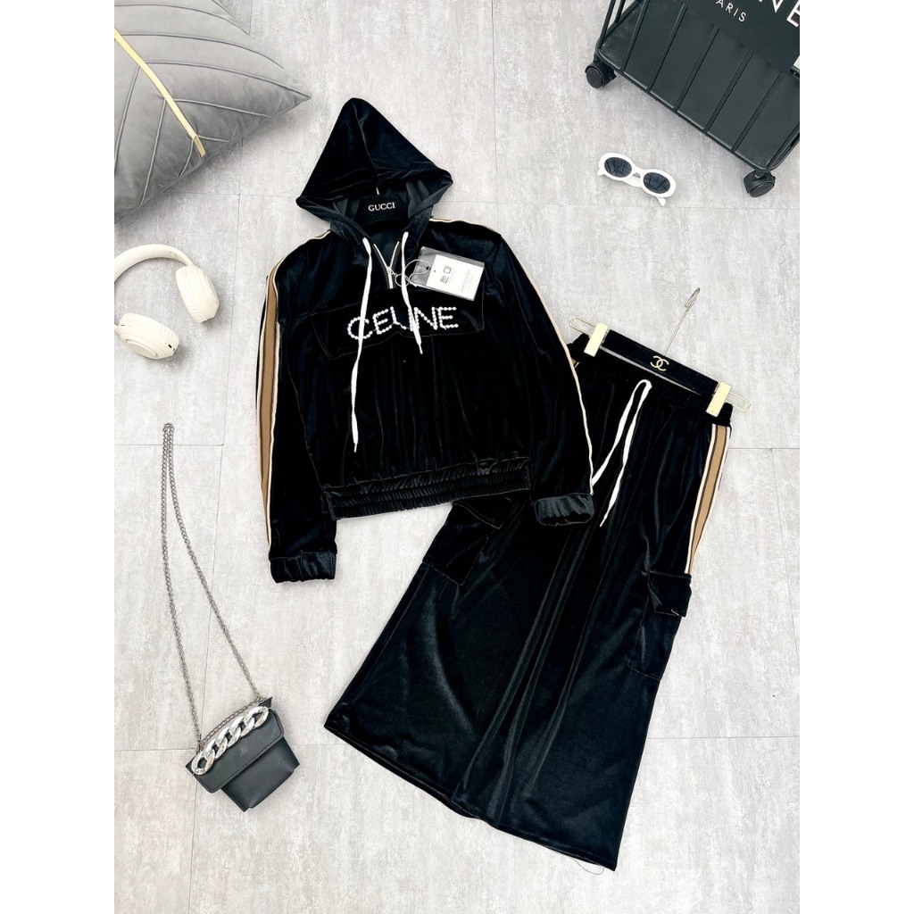 Set Bộ Đồ Nữ NHung CELI Túi Hộp Áo Hoodie Có Mũ Phối Khóa Cổ Mix Chân Váy Túi Dáng Dài Freesize