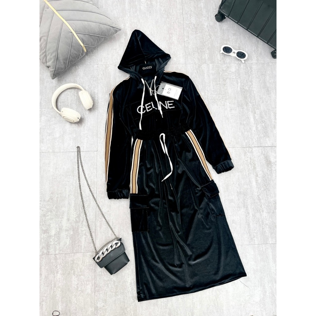 Set Bộ Đồ Nữ NHung CELI Túi Hộp Áo Hoodie Có Mũ Phối Khóa Cổ Mix Chân Váy Túi Dáng Dài Freesize