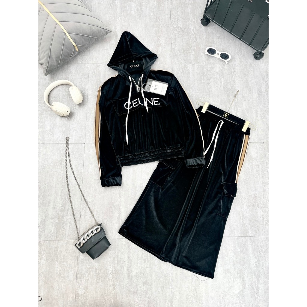 Set Bộ Đồ Nữ NHung CELI Túi Hộp Áo Hoodie Có Mũ Phối Khóa Cổ Mix Chân Váy Túi Dáng Dài Freesize