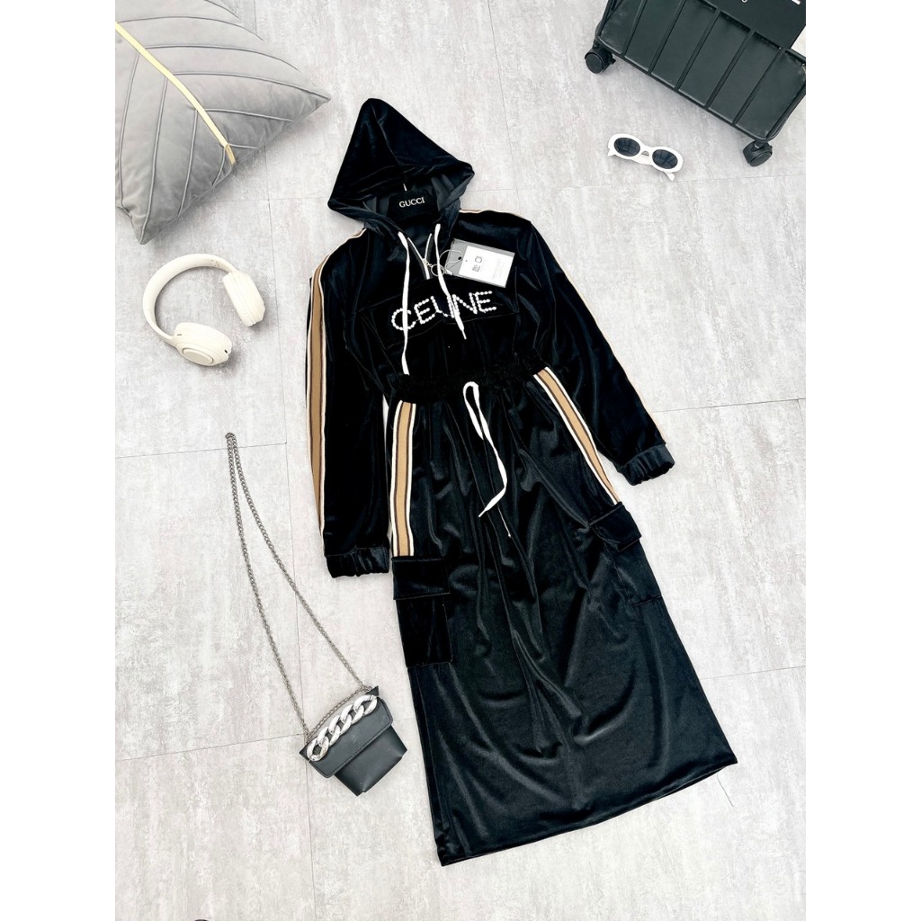 Set Bộ Đồ Nữ NHung CELI Túi Hộp Áo Hoodie Có Mũ Phối Khóa Cổ Mix Chân Váy Túi Dáng Dài Freesize