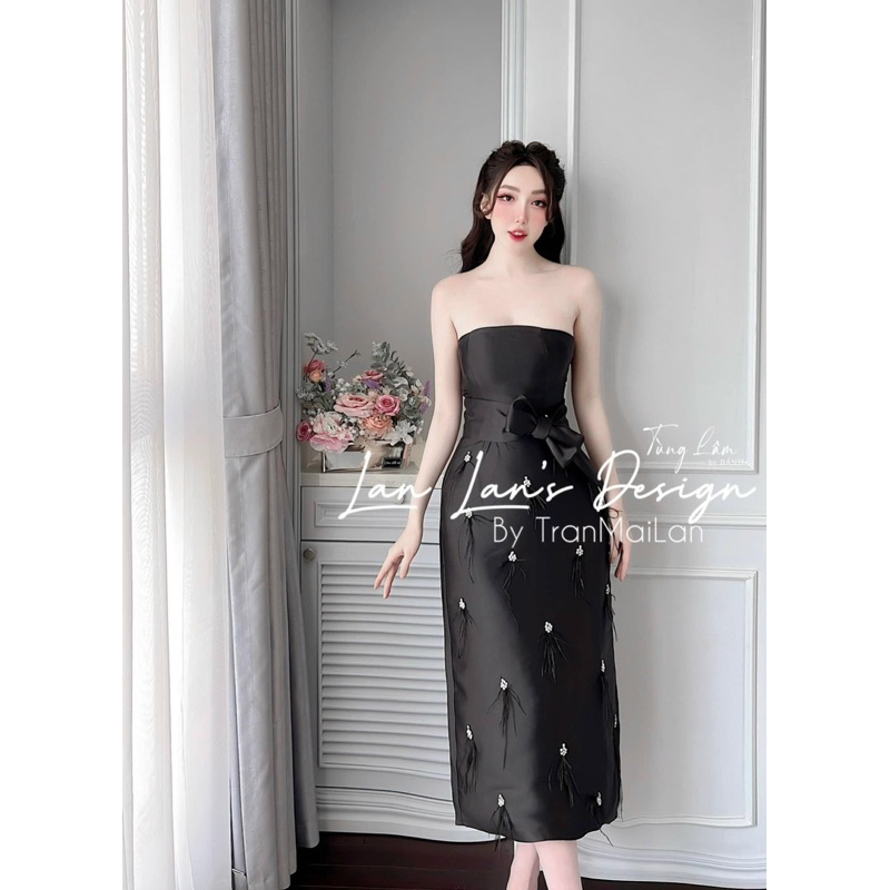 Váy Cúp Ngực Tafta Đính Đá Lông Vũ Dáng Dài Dự Tiệc