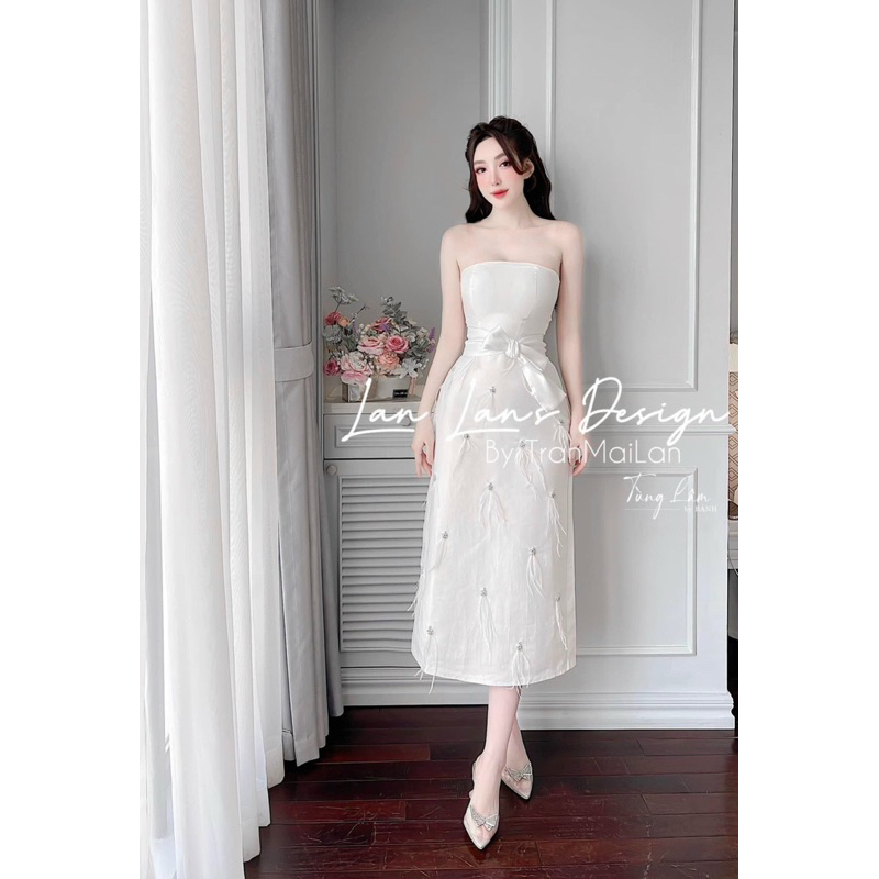 Váy Cúp Ngực Tafta Đính Đá Lông Vũ Dáng Dài Dự Tiệc