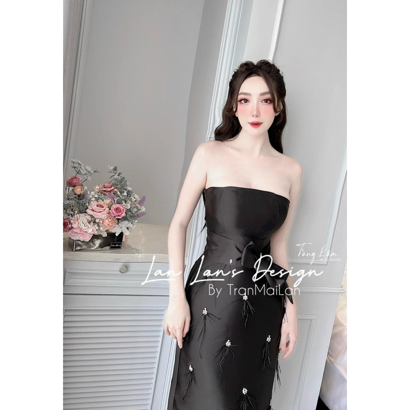 Váy Cúp Ngực Tafta Đính Đá Lông Vũ Dáng Dài Dự Tiệc