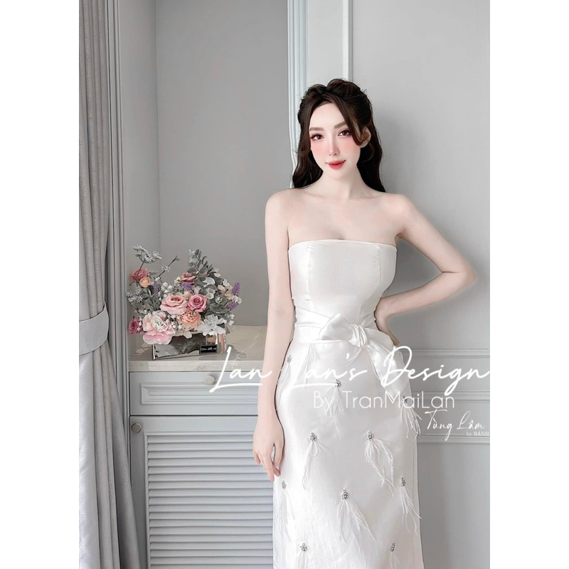 Váy Cúp Ngực Tafta Đính Đá Lông Vũ Dáng Dài Dự Tiệc