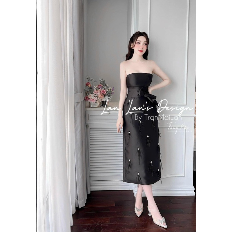 Váy Cúp Ngực Tafta Đính Đá Lông Vũ Dáng Dài Dự Tiệc