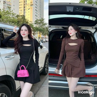 Sét bộ áo thun gân tay dài khoét ngực kèm quần đùi cực xinh