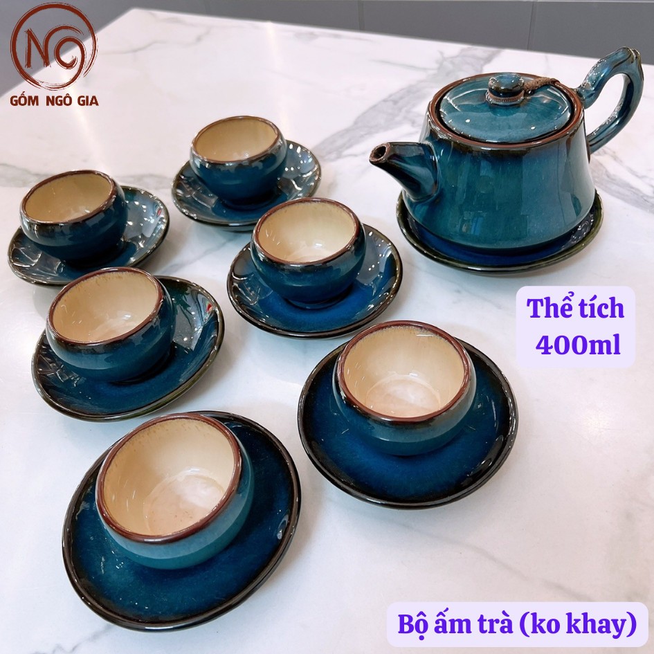 Bộ ấm trà Quai Trúc Xanh Hỏa Biến-Gốm sứ BÁT TRÀNG, Ấm chén-tách trà-bộ phụ kiện-khay gỗ cao cấp Gốm Ngô Gia
