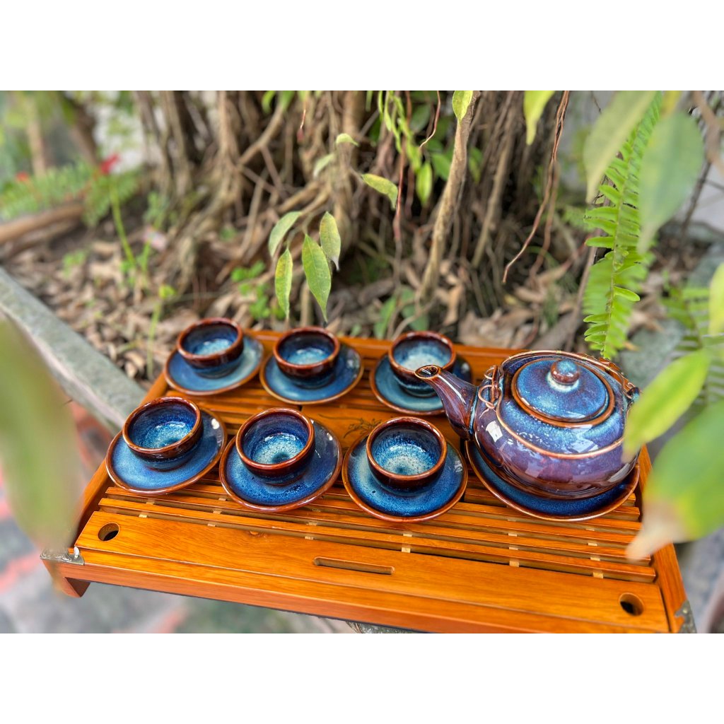 Bộ ấm trà TH-11 Hỏa Biến Gốm sứ BÁT TRÀNG, Ấm chén-tách trà-bộ phụ kiện-khay gỗ cao cấp Gốm Ngô Gia