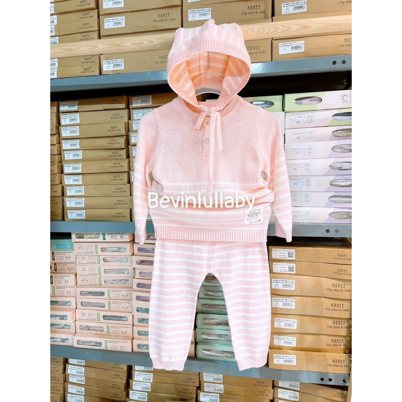 LULLABY - Bộ len sơ sinh tặng kèm mũ phối kẻ chất dày dặn cho bé trai/ gái NHL301M