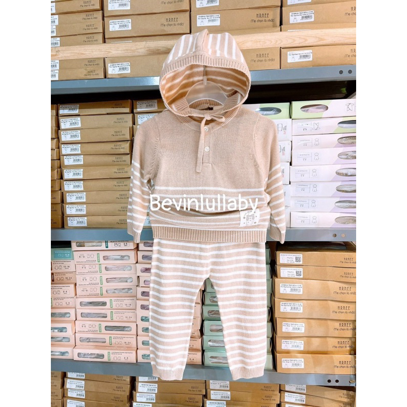 LULLABY - Bộ len sơ sinh tặng kèm mũ phối kẻ chất dày dặn cho bé trai/ gái NHL301M