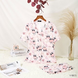 VIBES Đồ bộ Pijama ngắn lụa gấm Little Cow Py Set