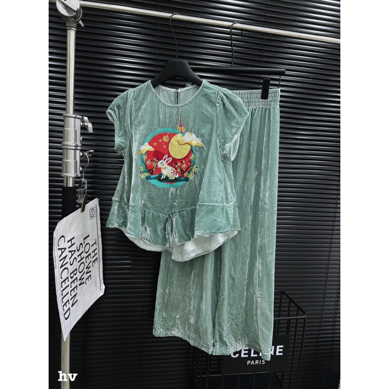 Set bộ nhung the thêu xanh mint iu cực