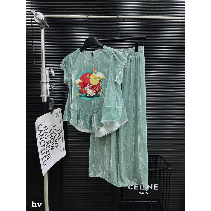 Set bộ nhung the thêu xanh mint iu cực
