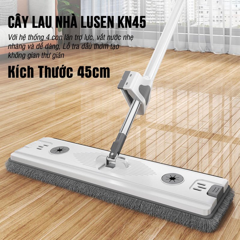 Cây lau nhà tự vắt Lusen KN45, chổi lau xoay 360 độ thông minh bàn lau lớn 45x12cm con lăn trợ lực vắt khô nước