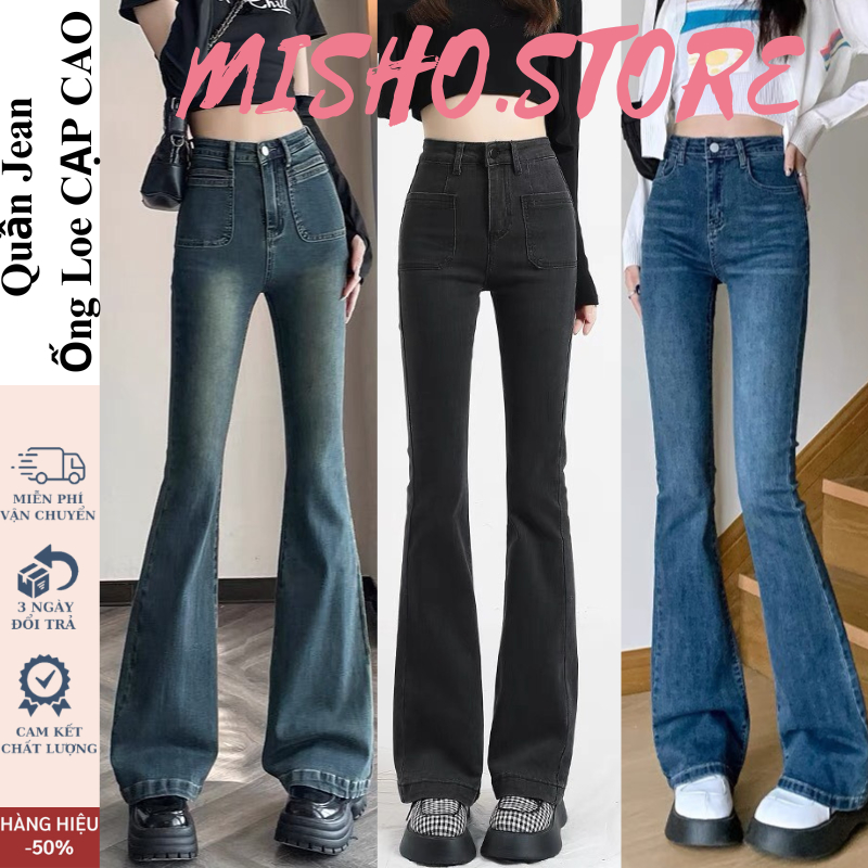 Quần jeans nữ Ống Loe co giãn, quần bò jean nữ ống đứng rộng suông CẠP CAO cao cấp Hottrend 2023 Misho
