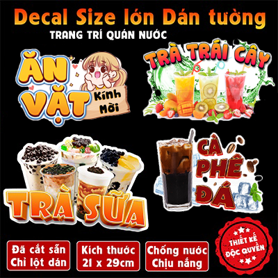 Decal trang trí quán nước tường, tủ kính bền đẹp chống nước cắt sẵn khổ A4