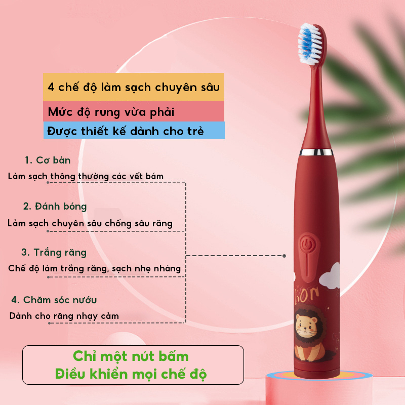 Bàn chải đánh răng điện cho bé tặng kèm pin và 4 đầu bàn chải thay thế khi mòn