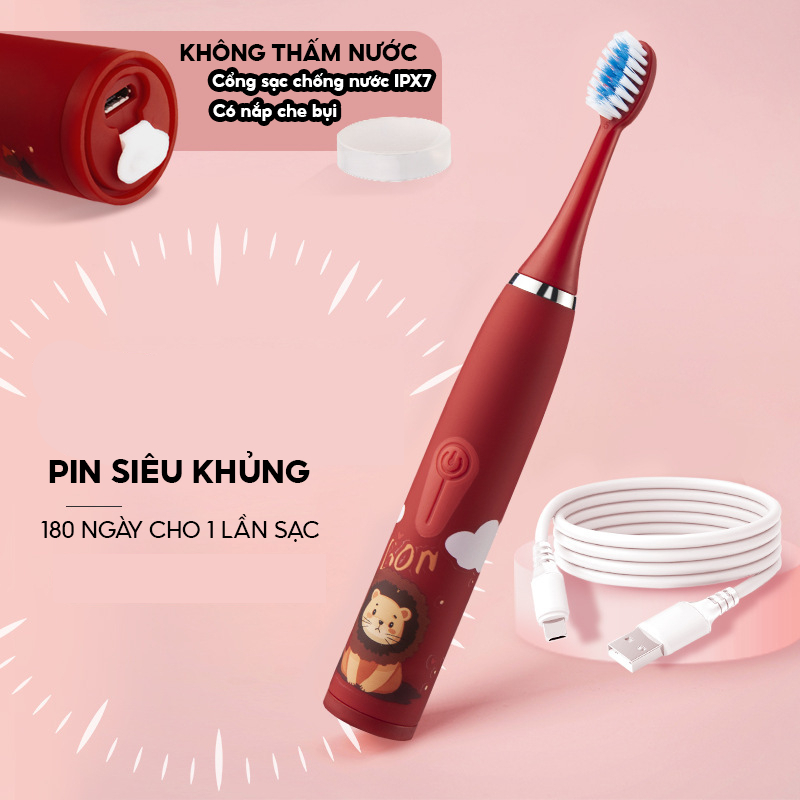 Bàn chải đánh răng điện cho bé tặng kèm pin và 4 đầu bàn chải thay thế khi mòn