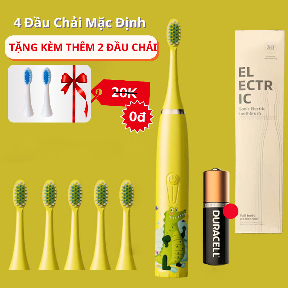 Bàn chải đánh răng điện cho bé tặng kèm pin và 4 đầu bàn chải thay thế khi mòn