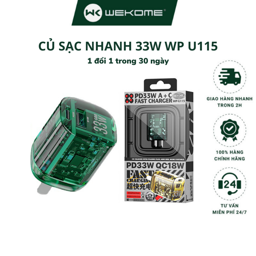 Củ sạc nhanh 33W WEKOME WP U115, cóc sạc điện thoại trong suốt 2 cổng cắm USB -Type c, cốc sac nhanh không nóng máy.....