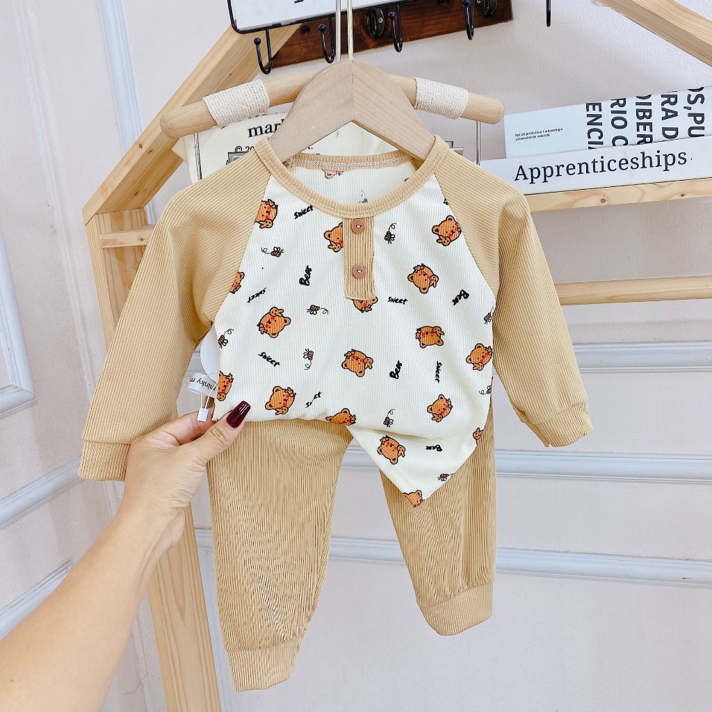 Bộ Quần Áo Thu Đông Dài Tay in hình thú ngộ nghĩnh, chất thun tăm mềm mịn, co giãn cho bé trai, bé gái BD112