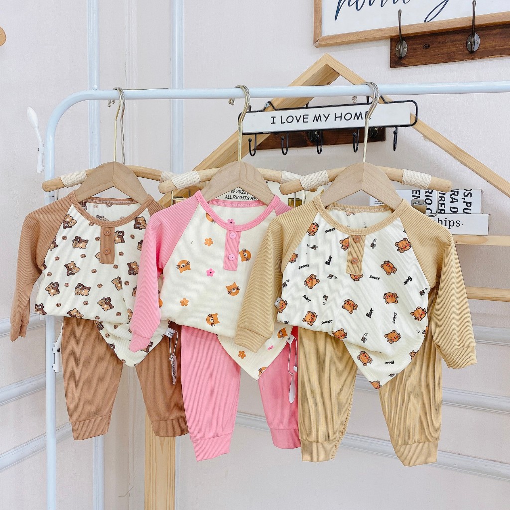 Bộ Quần Áo Thu Đông Dài Tay in hình thú ngộ nghĩnh, chất thun tăm mềm mịn, co giãn cho bé trai, bé gái BD112