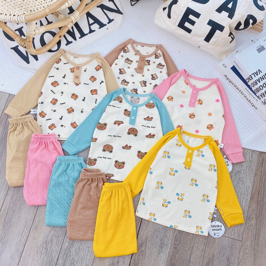 Bộ Quần Áo Thu Đông Dài Tay in hình thú ngộ nghĩnh, chất thun tăm mềm mịn, co giãn cho bé trai, bé gái BD112