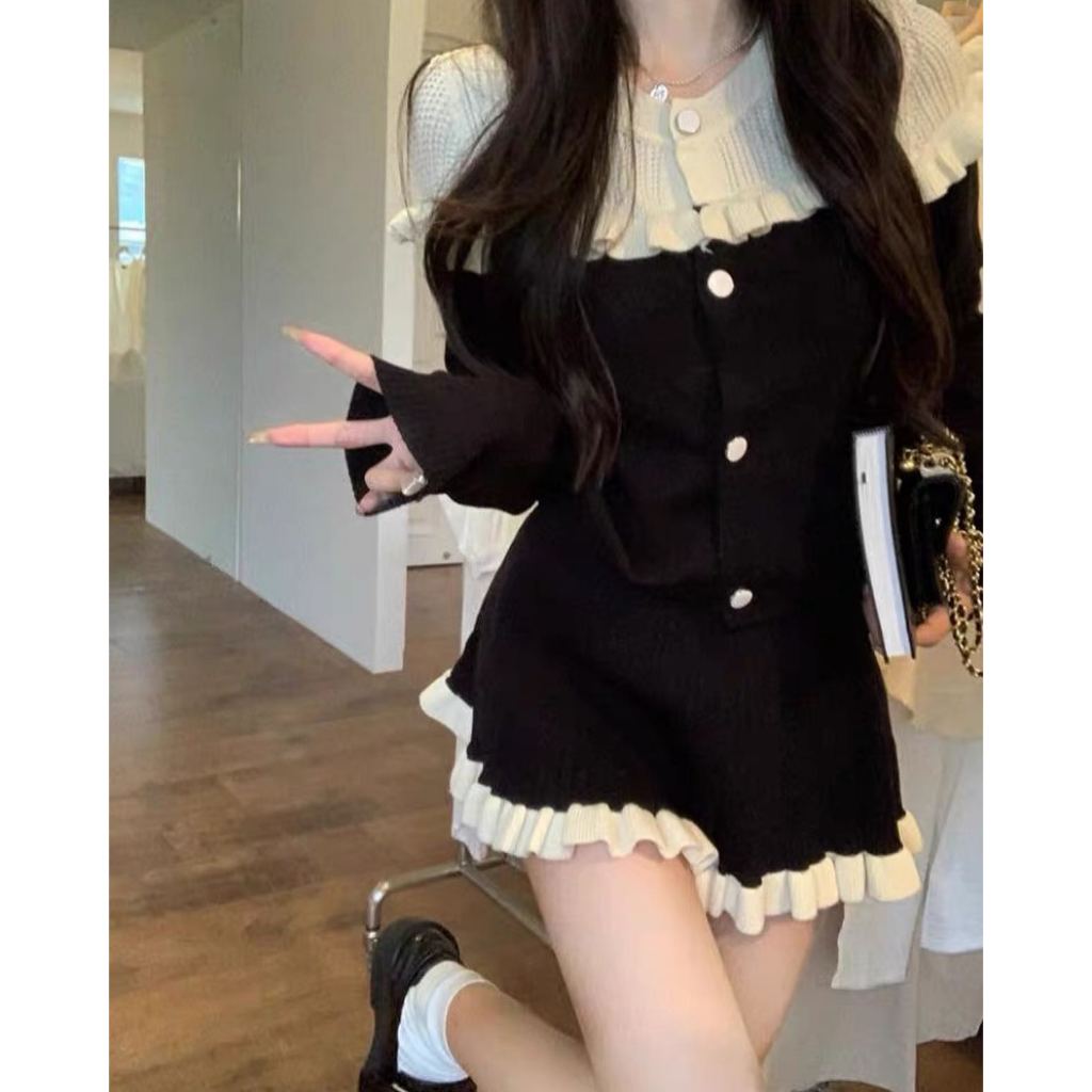 SET Áo váy dệt kim co giãn nhẹ màu đen viền be QC