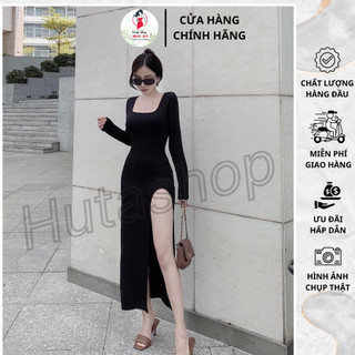 Đầm Body cổ vuông HUTA dáng dài dự tiệc thiết kế xẻ tà sexy sang chảnh chất liệu thun đen