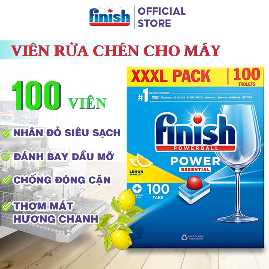 Combo 03 Món Viên Rửa Bát Finish Power Essential Rửa Sạch Hiệu Quả Nhập Khẩu Châu Âu Chính Hãng Hộp 100 Viên