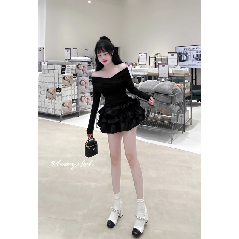 Set Chân Váy Lụa + Áo Trễ Vai Xinh Lắm Ạ