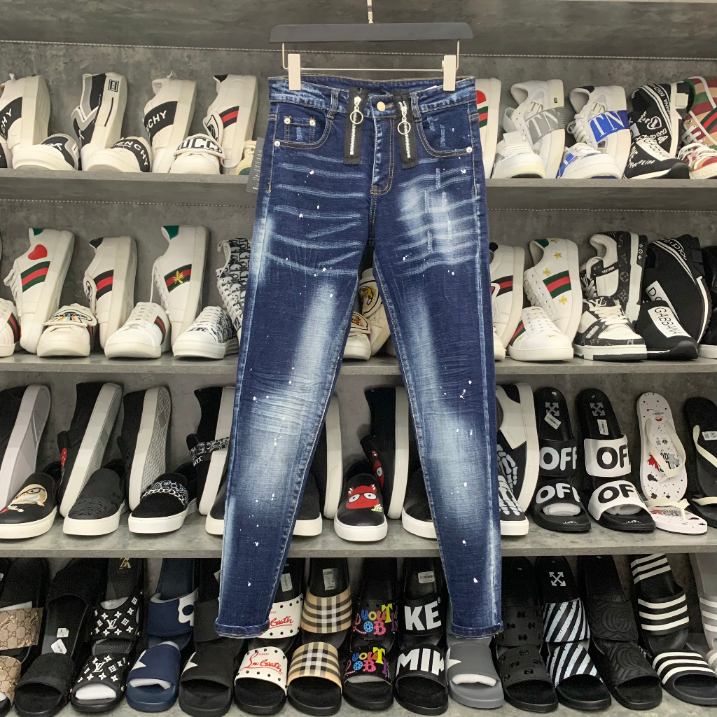 Quần jean bò nam biker slimfit DSQ2 xanh bạc vảy sơn thêu hai khoá zip dọc 2 bên cúc đơn giản đẹp QJ256P