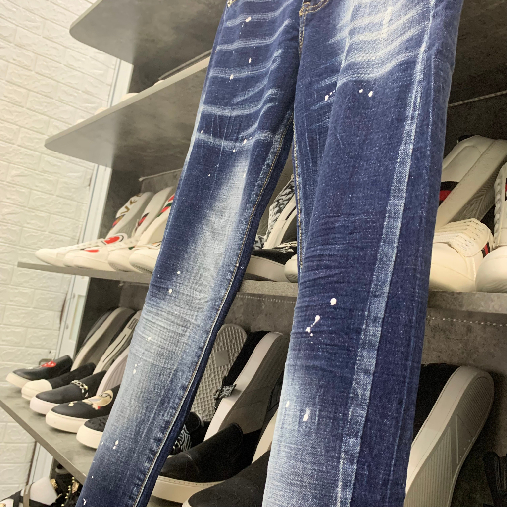 Quần jean bò nam biker slimfit DSQ2 xanh bạc vảy sơn thêu hai khoá zip dọc 2 bên cúc đơn giản đẹp QJ256P