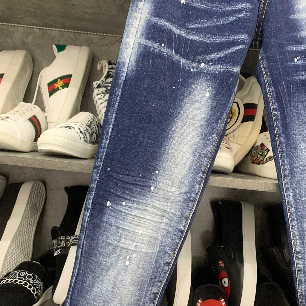 Quần jean bò nam biker slimfit DSQ2 xanh bạc vảy sơn thêu hai khoá zip dọc 2 bên cúc đơn giản đẹp QJ256P