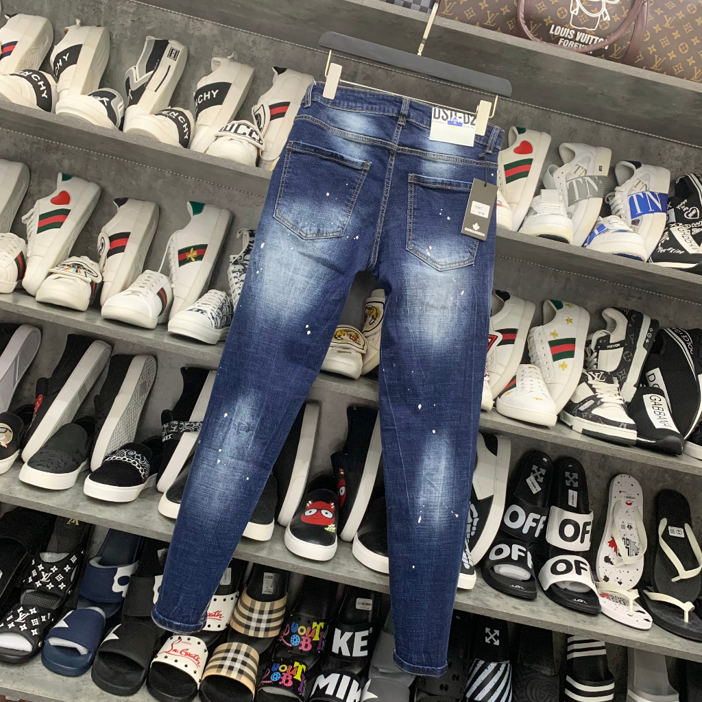 Quần jean bò nam biker slimfit DSQ2 xanh bạc vảy sơn thêu hai khoá zip dọc 2 bên cúc đơn giản đẹp QJ256P