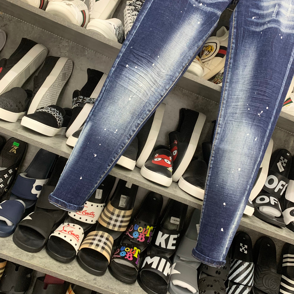 Quần jean bò nam biker slimfit DSQ2 xanh bạc vảy sơn thêu hai khoá zip dọc 2 bên cúc đơn giản đẹp QJ256P