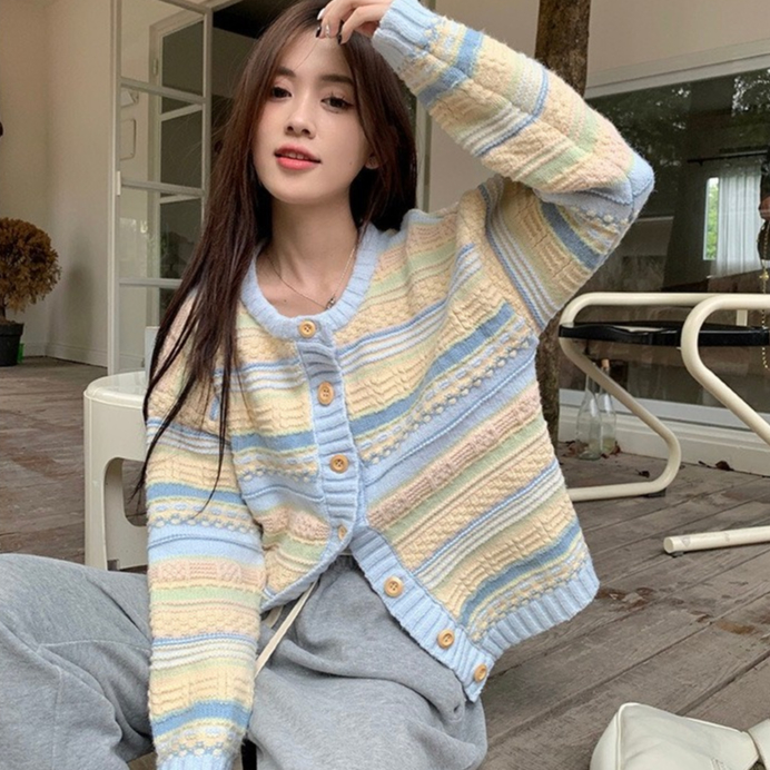 Áo Cardigan Len Tay Dài Dáng Lửng Kẻ Sọc Phong Cách Hàn Quốc Nữ Tính Ngọt Ngào Thu Đông 2023