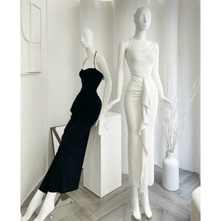 Đầm body cổ yếm nhún ngực phối bèo dáng dài sexy