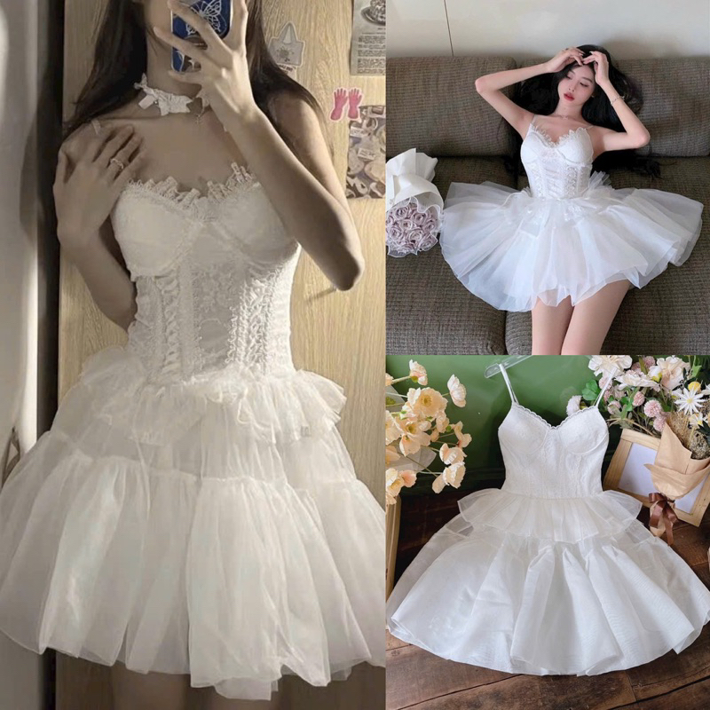 ĐẦM MIDI TRẮNG REN HOA ĐUÔI CÁ
