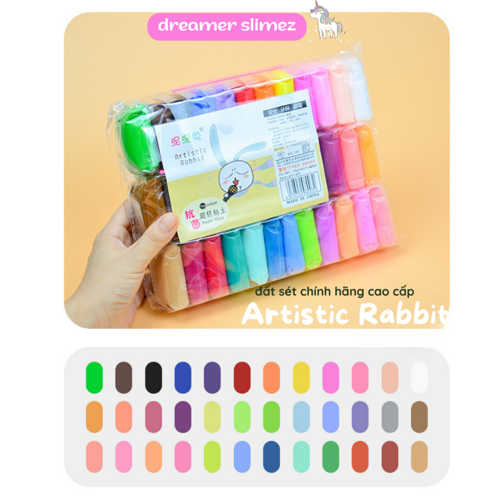 COMBO 12 MÀU ĐẤT SÉT TỰ KHÔ AN TOÀN CHÍNH HÃNG ARTISTIC RABBIT CHO BÉ - nặn hình siêu nhẹ giá rẻ super clay nhiều màu