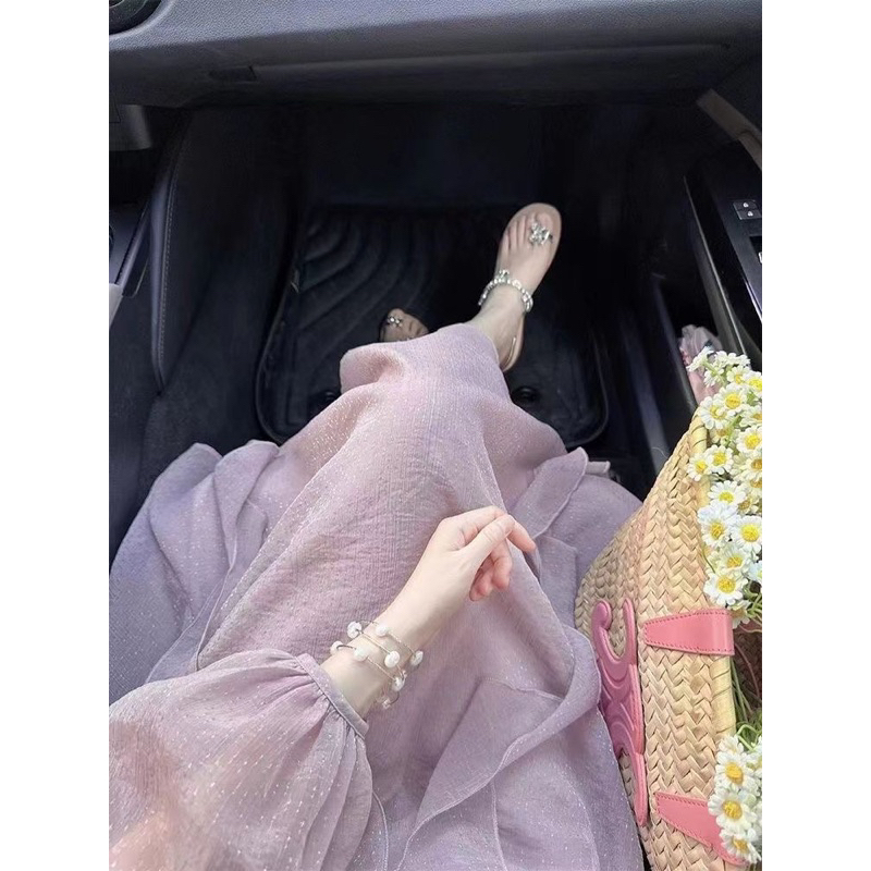 Váy trễ vai tím pastel cổ tròn đính ngọc