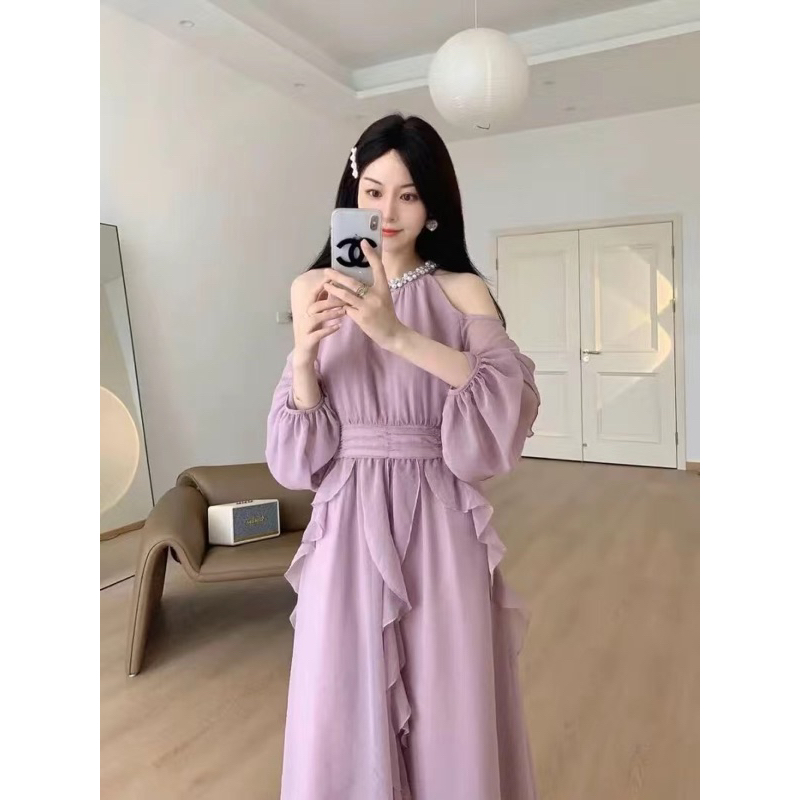 Váy trễ vai tím pastel cổ tròn đính ngọc