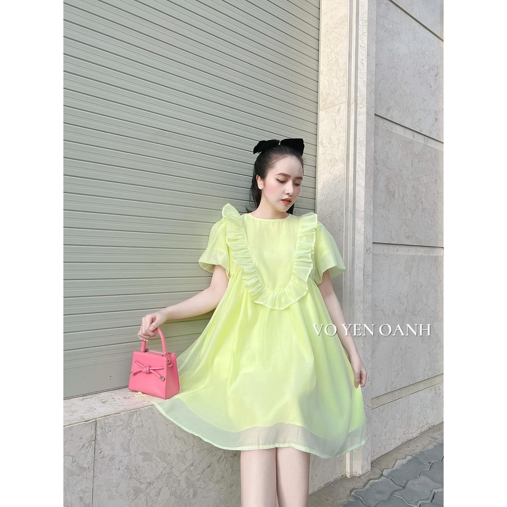 Đầm babydoll viền bèo voan tơ Ulzzang siêu xịn cực dễ thương, Váy babydoll bèo tay phồng chất tơ 2 lớp xoè dáng ngắn