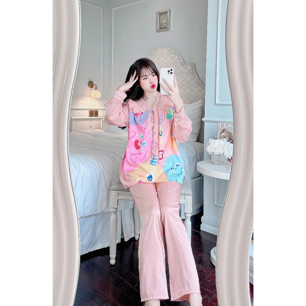 Bộ ngủ tiểu thư tay dài phối ren siêu dễ thương , ngọt ngào quyến rũ siêu xinh