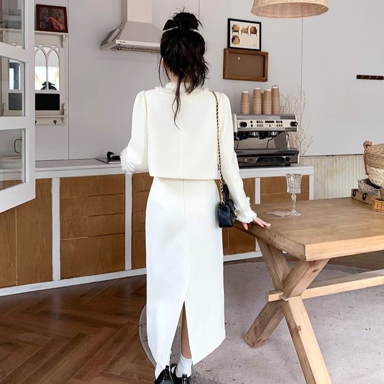 Set váy dạ - Áo khoác dạ kèm chân váy bút chì hack dáng che khuyết điểm, Thiết kế túi giả 4 nắp tua rua chất vải dạ QC