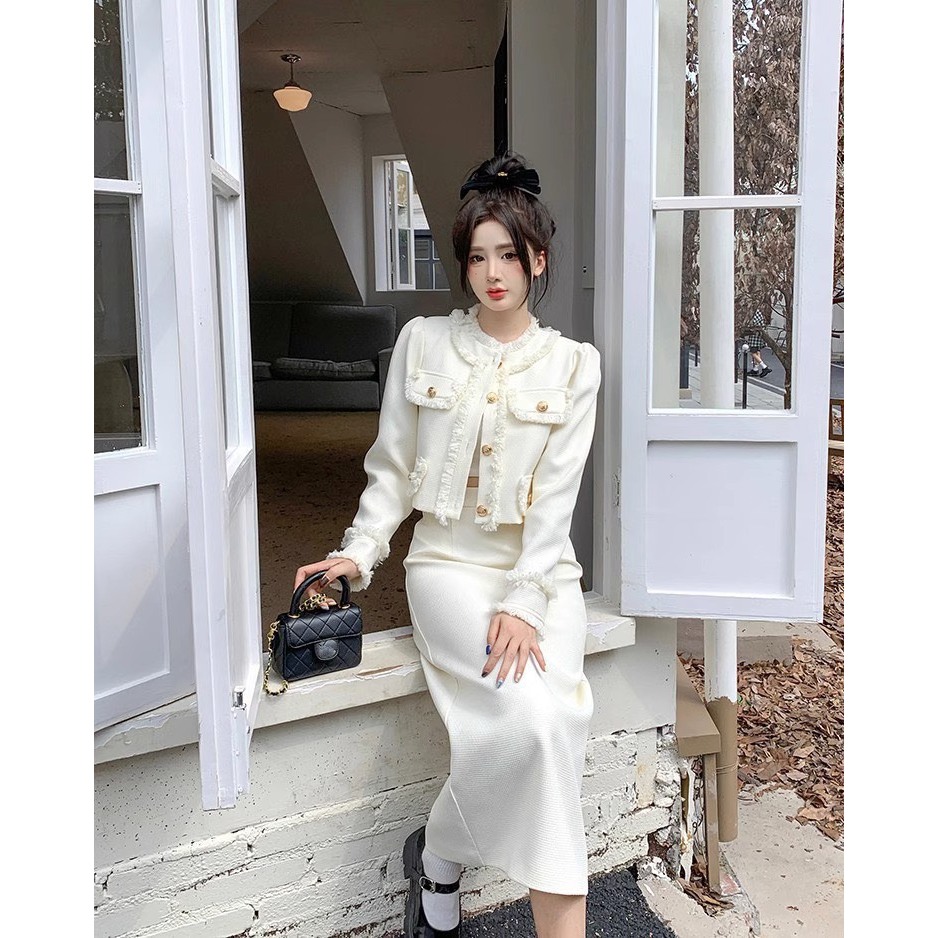 Set váy dạ - Áo khoác dạ kèm chân váy bút chì hack dáng che khuyết điểm, Thiết kế túi giả 4 nắp tua rua chất vải dạ QC