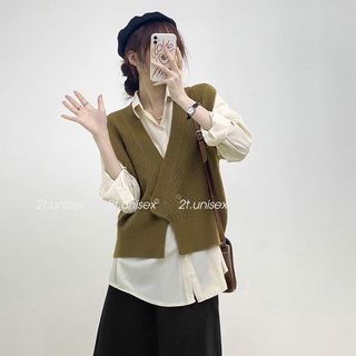 Áo Gile len Hàn Quốc, áo ghile len nữ trơn phối 2 khuy cá tính trẻ trung hàng Quảng Châu chất lượng P77